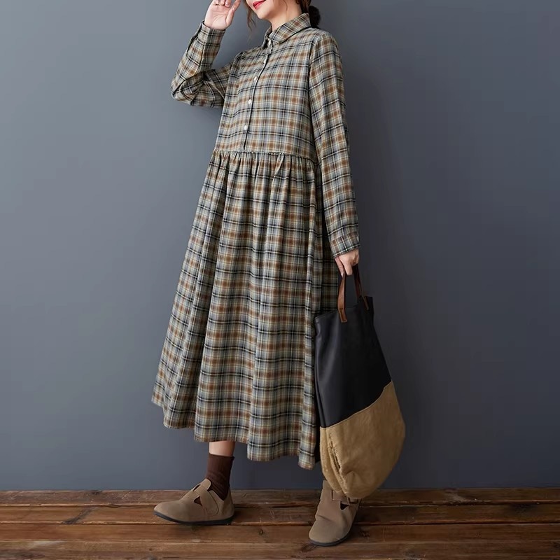 Flannel Shirt Lined - Koreańska luźna sukienka koszulowa w kratę